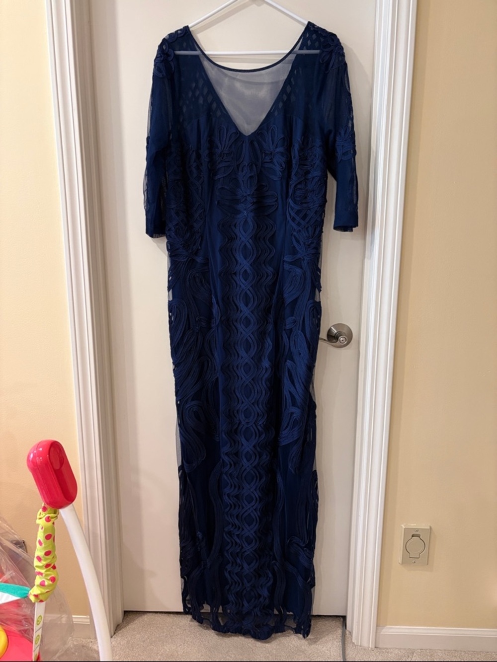 Navy Blue Maxi Evening Dress with Textured Overlay